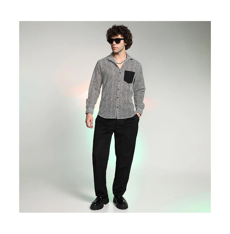 Campus Sutra Men's Onyx Black & Cream White Zig-Zag Block Shirt