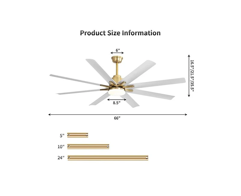 66-inch Modern Golden 8-blade Ceiling Fan with Intelligent Remote Control and App Timing Function for Various Indoor Layouts