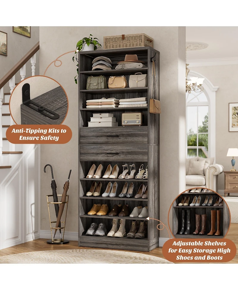 Aheaplus 8-Tier Shoe Rack with 2 Drawers, 80'' High Wooden Shoe Cabinet with Adjustable Shelves
