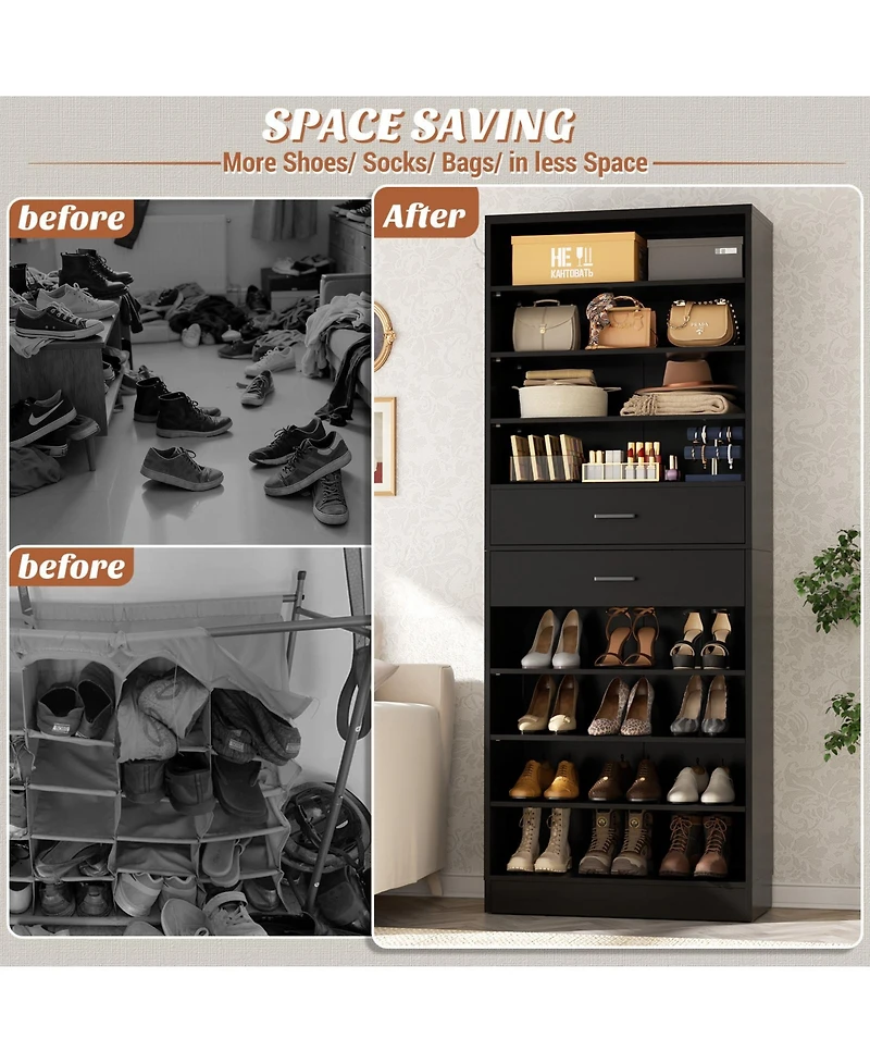 Aheaplus 8-Tier Shoe Rack with 2 Drawers, 80'' High Wooden Cabinet Adjustable Shelves