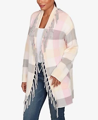 Ruby Rd. Petite Luxe Plaid Fringed Cardigan Sweater