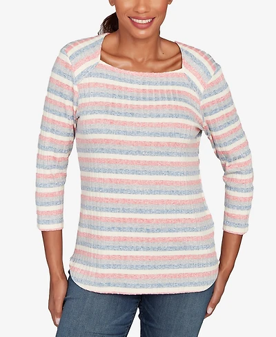 Ruby Rd. Petite Marled Stripe Envelope Neck Rib Knit Top