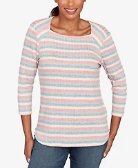 Ruby Rd. Petite Marled Stripe Envelope Neck Rib Knit Top
