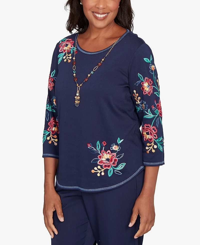 Alfred Dunner Women's Saratoga Springs Embroidered Sleeve Knit Top with Necklace