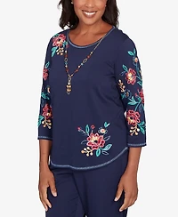 Alfred Dunner Women's Saratoga Springs Embroidered Sleeve Knit Top with Necklace