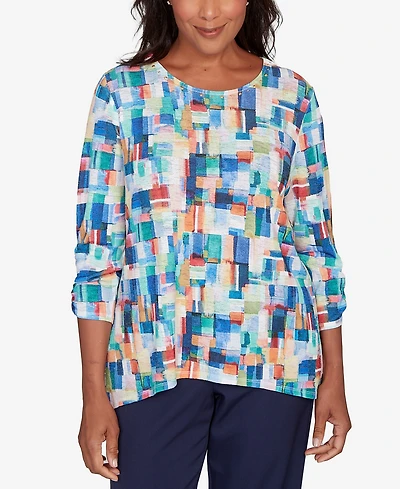 Alfred Dunner Women's Saratoga Springs Tile Print Colorblock Textured Top