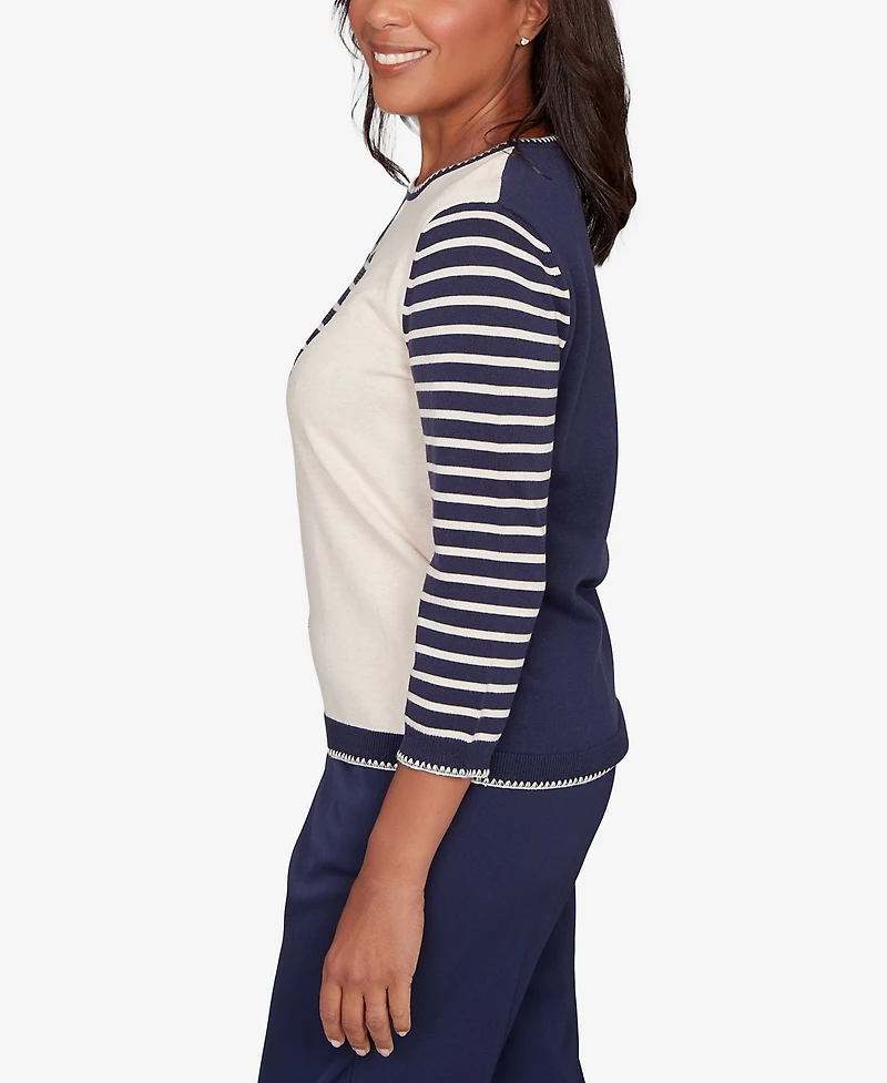 Alfred Dunner Women's Saratoga Springs Heart Motif Detail Striped Sweater