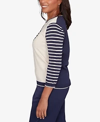 Alfred Dunner Women's Saratoga Springs Heart Motif Detail Striped Sweater
