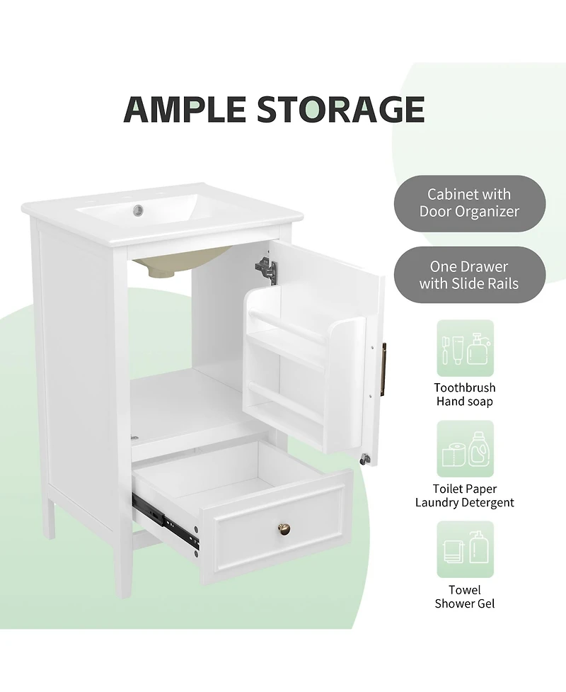 Boyel Living 20" Bathroom Vanity with Sink, Bathroom Cabinet with A Door, Door Shelf Storage and Adiustable Foot Pads, A Drawer, White