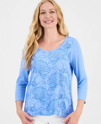 Style & Co Women's 3/4 Sleeve Scoop Embroidered Knit Top, Macy's Exclusive