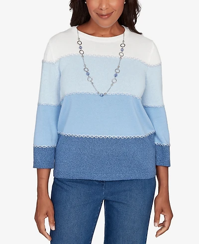 Alfred Dunner Women's Hilton Head Ombre Stripe Sweater with Necklace