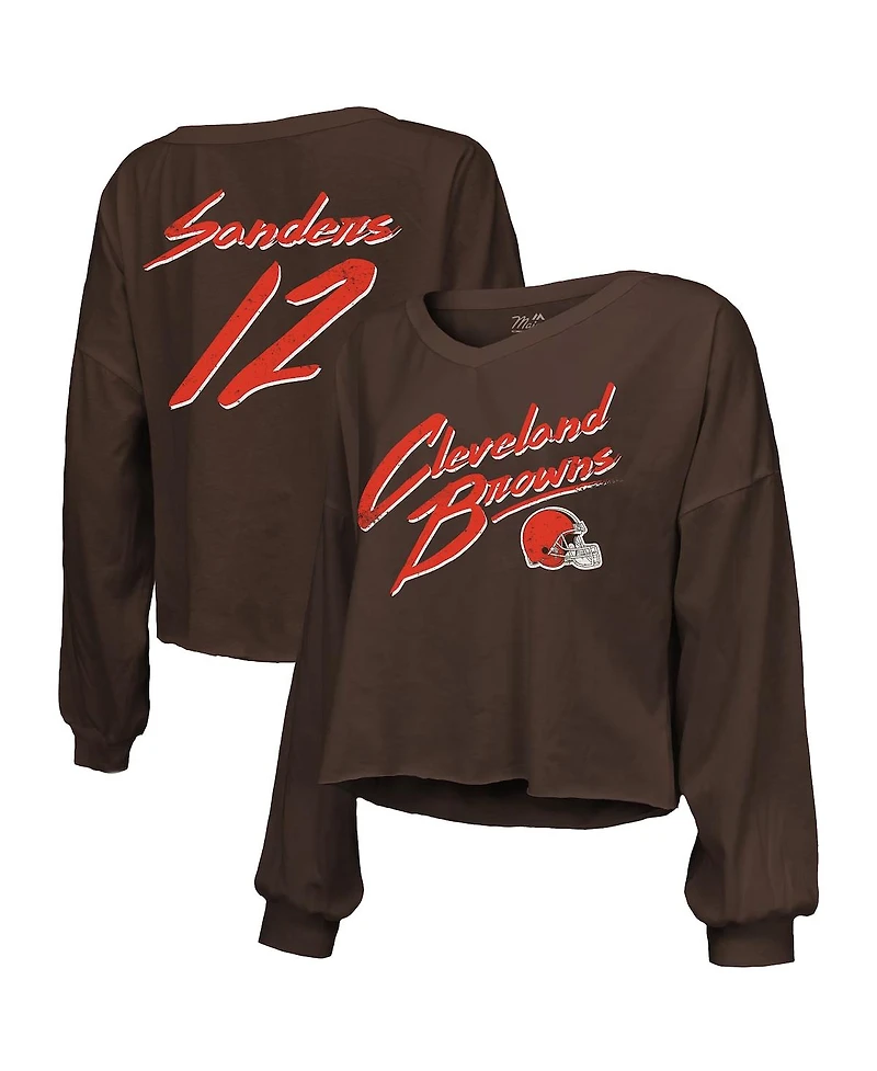 Majestic Threads Women's Shedeur Sanders Brown Cleveland Browns Name Number Off-Shoulder Script Cropped Long Sleeve Relaxed V-Neck T-Shirt