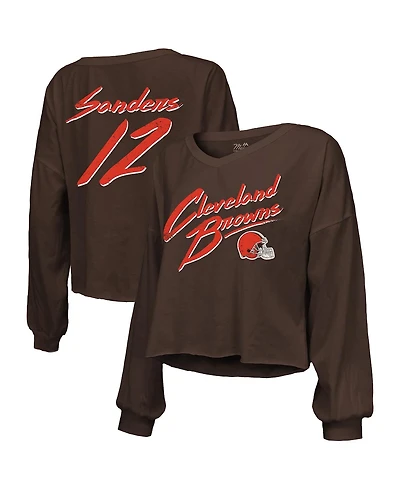 Majestic Threads Women's Shedeur Sanders Brown Cleveland Browns Name Number Off-Shoulder Script Cropped Long Sleeve Relaxed V-Neck T-Shirt