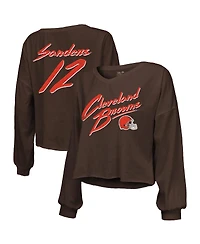 Majestic Threads Women's Shedeur Sanders Brown Cleveland Browns Name Number Off-Shoulder Script Cropped Long Sleeve Relaxed V-Neck T-Shirt