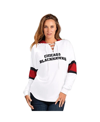 G-iii 4Her by Carl Banks Women's White Chicago Blackhawks Goal Zone Long Sleeve Lace-Up Hooded T-Shirt