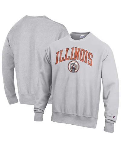 Champion Men's Heather Gray Illinois Fighting Illini Distressed Arch Over Logo Reverse Weave Crew Neck Sweatshirt
