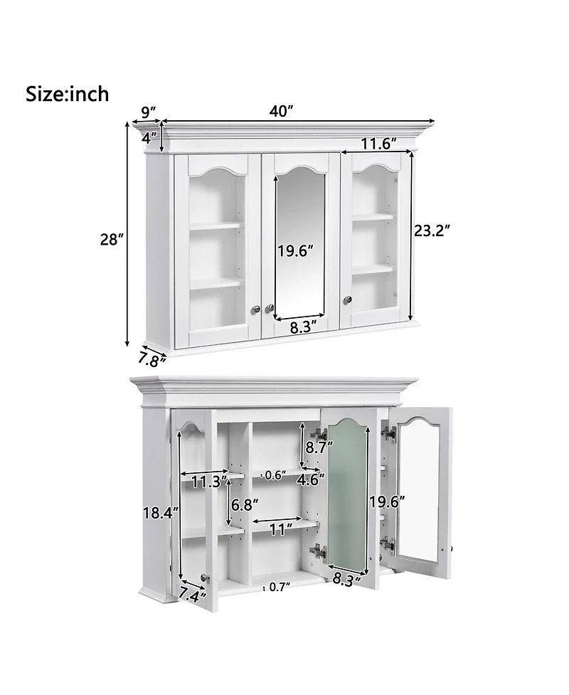 Airsurfer 40 Inch Medicine Cabinet with Mirror Bathroom Storage Cabinet with Shelves Wall Mounted Bathroom Cabinet with Glass Doors