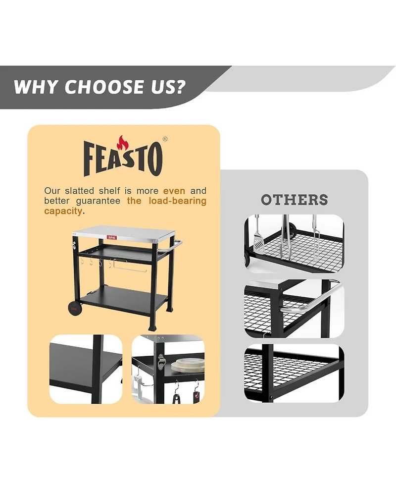 3Shelf Outdoor Grill Table Pizza Oven Table for Outside Movable Grill Cart with Wheels Indoor Outdoor Cooking Station