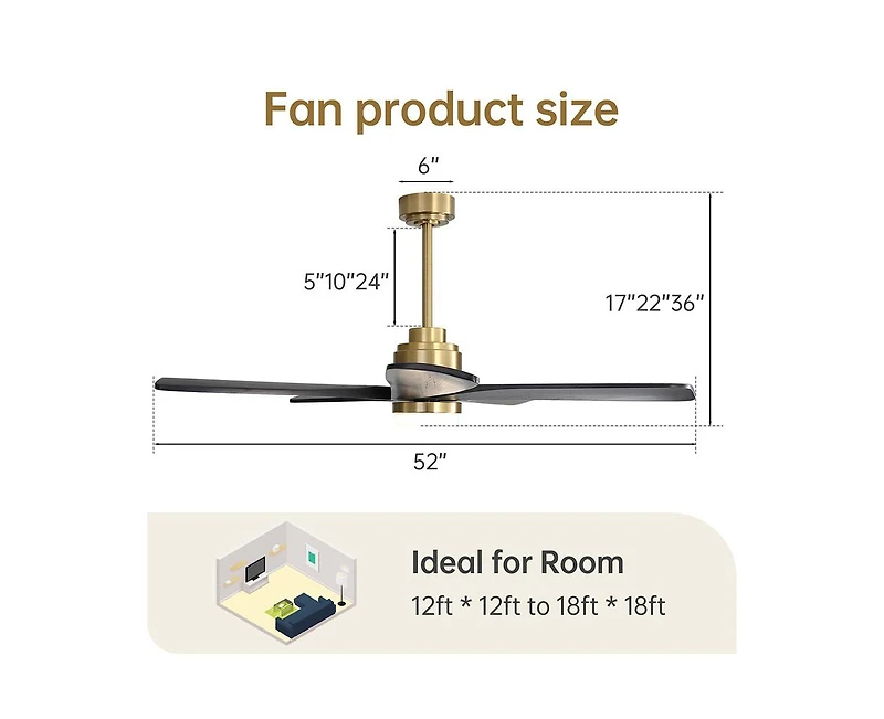 52-inch Modern Stylish Golden 5-Blade Ceiling Fan with Remote Control and Light Source