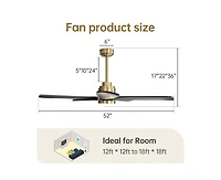 52-inch Modern Stylish Golden 5-Blade Ceiling Fan with Remote Control and Light Source