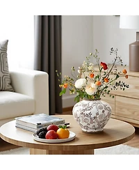 LuxenHome Brown Floral Wide-Mouth Waterproof Ceramic Vase, 8.66" Round Indoor Home Decor