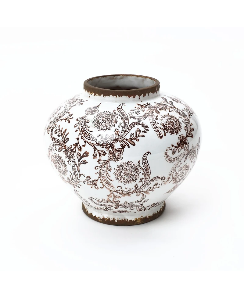 LuxenHome Brown Floral Wide-Mouth Waterproof Ceramic Vase, 8.66" Round Indoor Home Decor