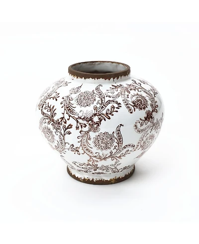 LuxenHome Brown Floral Wide-Mouth Waterproof Ceramic Vase, 8.66" Round Indoor Home Decor