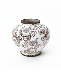 LuxenHome Brown Floral Wide-Mouth Waterproof Ceramic Vase, 8.66" Round Indoor Home Decor