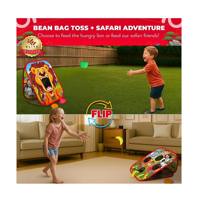 Safari Sling | 2-in-1 Bean Bag Toss Game for Kids | 5-Second Setup Kids Cornhole Game Set | Outdoor Toddler Activities