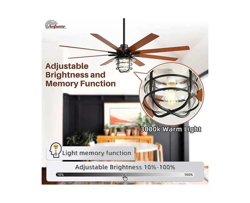 66-inch Modern Black 8-Blade Ceiling Fans with Light Kit and Remote Control
