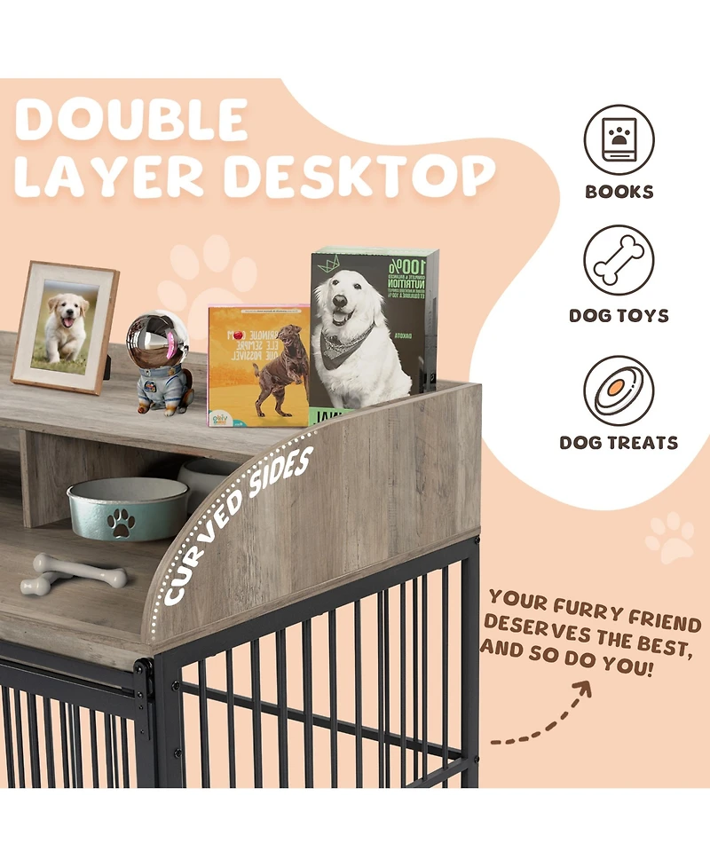 Airsurfer 44 Inch Heavy Duty Large Dog Crate Furniture Wooden Dog Kennel with Lockable Wheels End Table Crate Double Layer Storage Gray