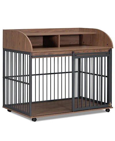 44 Inch Heavy Duty Large Dog Crate Furniture Wooden Dog Kennel End Table Crate with Lockable Wheels and Double Layer Storage Brown