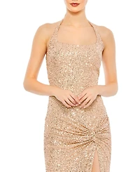 Mac Duggal Women's Sequined Halter Strap Low Side Knot Gown
