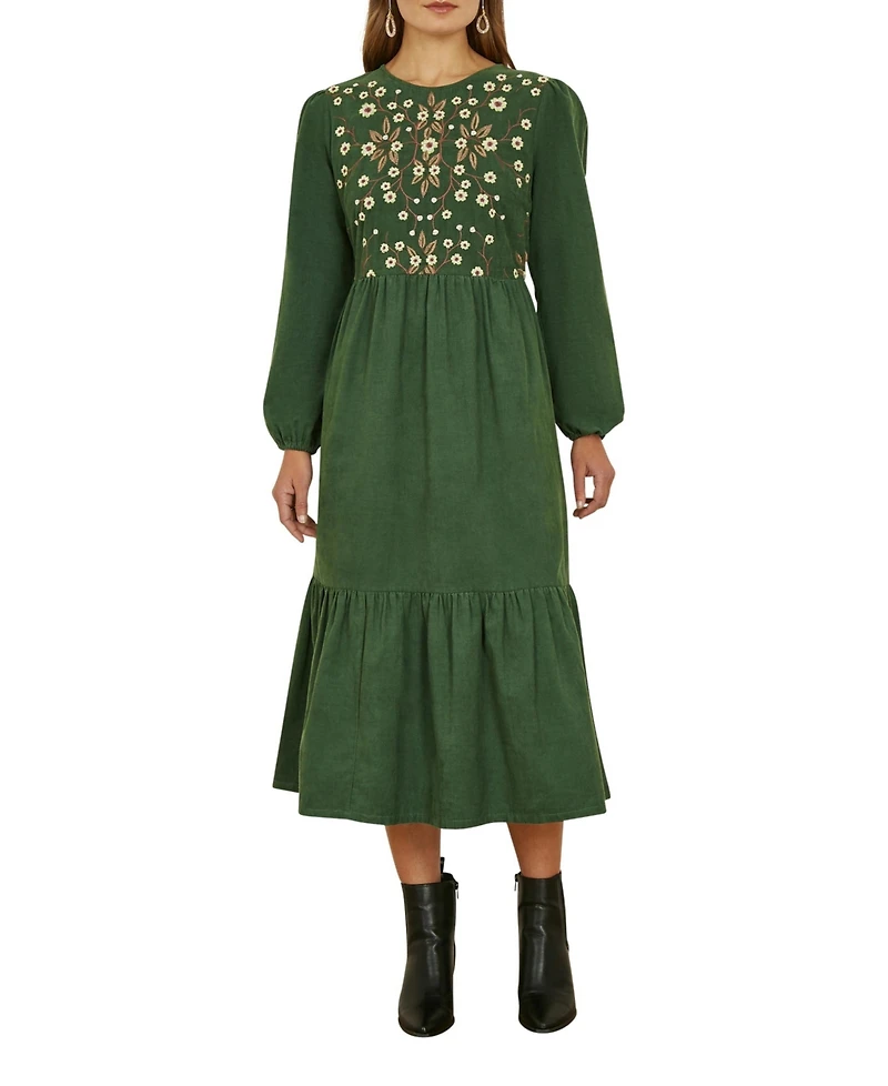 Yumi Women's Long Sleeve Embroidered Midi Dress