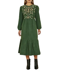 Yumi Women's Long Sleeve Embroidered Midi Dress