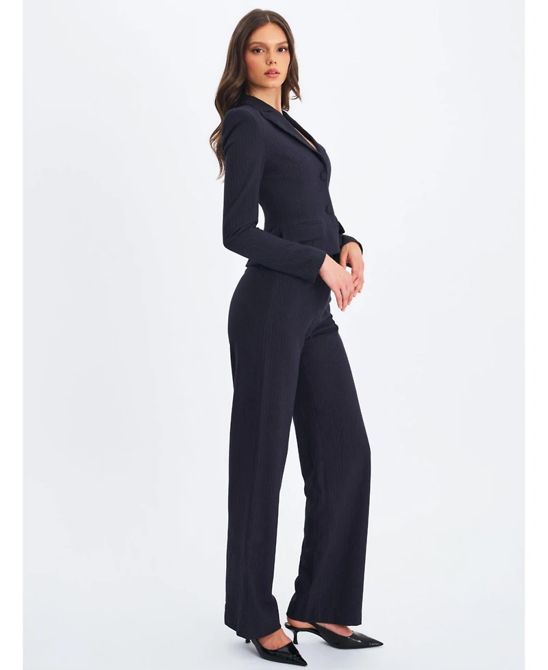 Miss Circle Women's Quinnie Navy Striped High-Waisted Straight Leg Pant