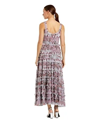 Mac Duggal Women's Sleeveless Floral Midi Dress with Tiered Ruffles