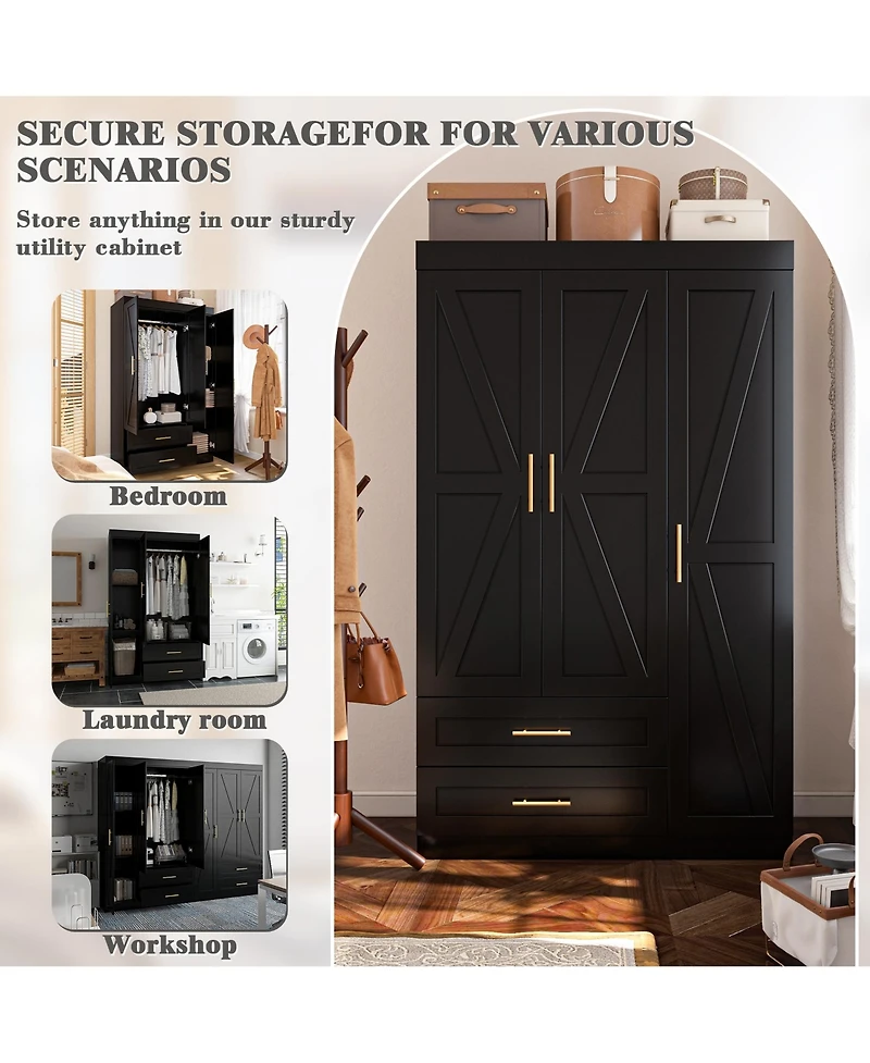 Freestanding Wood Bedroom Armoire with Hanging Rod and Shelves