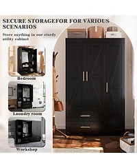 Freestanding Wood Bedroom Armoire with Hanging Rod and Shelves