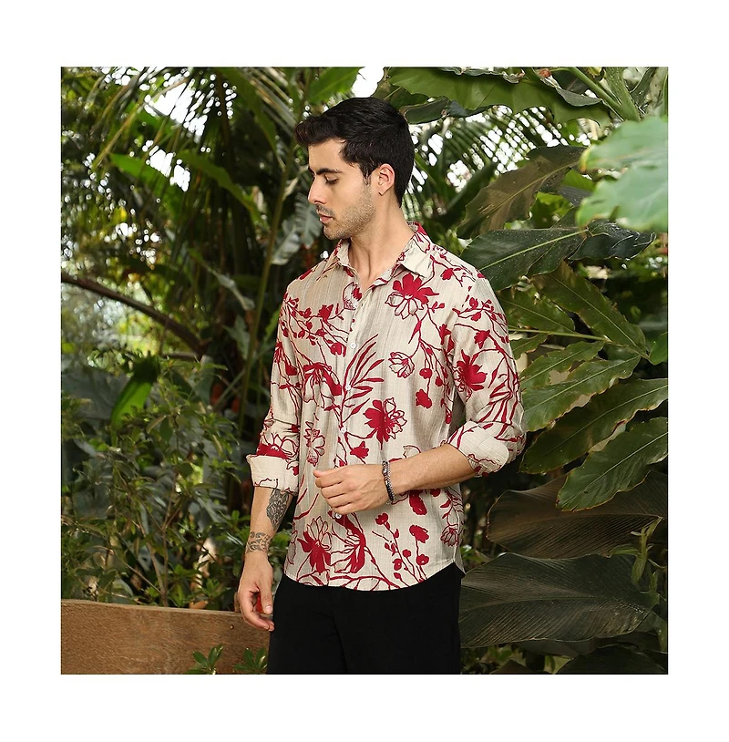 Campus Sutra Men's Scarlet Red Freesia-Imprint Shirt
