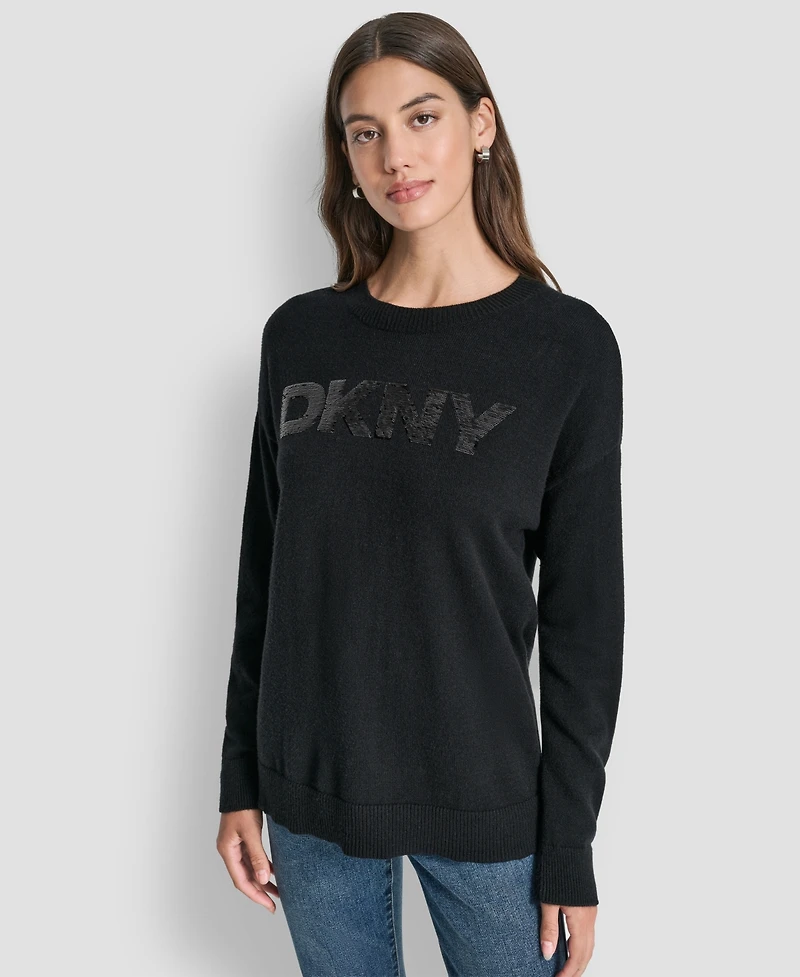 Dkny Jeans Women's Logo Sequined Long-Sleeve Sweater