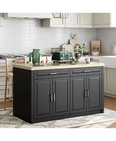 kitchen island with 2 drawers, 4 doors, storage table sockets, coffee station and microwave rack for home, dining room