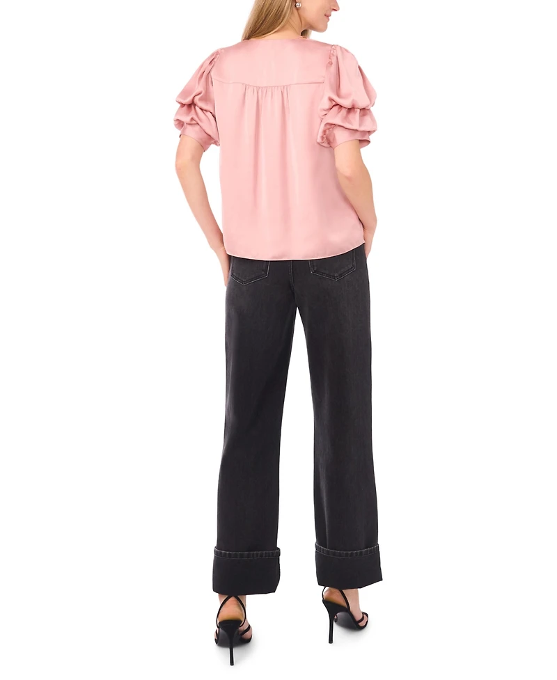 1.state Women's Short Bubble Sleeve V-Neck Top