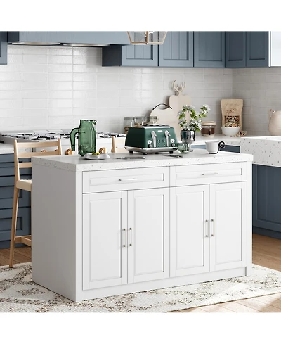 Kitchen island with 2 drawers, 4 doors, kitchen island storage table with sockets, coffee station and microwave rack for home, dining room