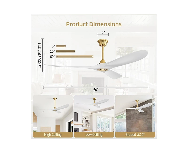 60-inch Modern Luxury Golden 3-Blade Ceiling Fans with Remote Control and Timer Function