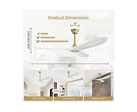 60-inch Modern Luxury Golden 3-Blade Ceiling Fans with Remote Control and Timer Function