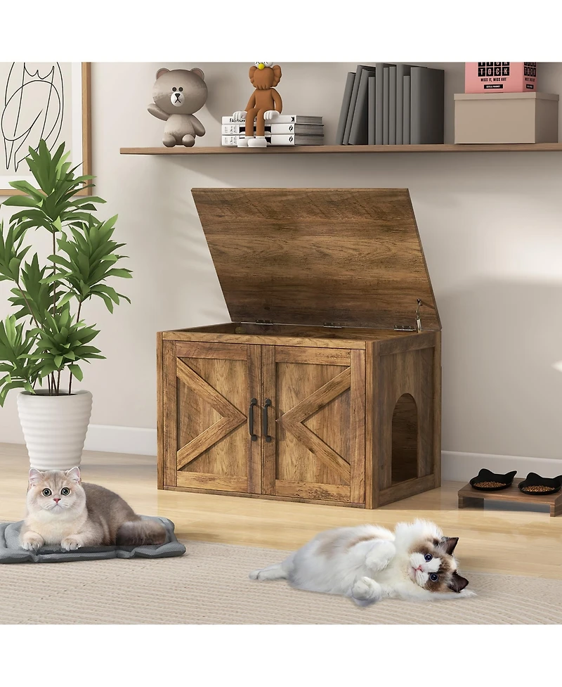 Gymax Cat Litter Box Enclosure w/ Double Barn Doors Removable Divider Middle Entry