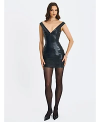 Miss Circle Women's Quilia Black Faux Crocodile Leather Plunge Mini Dress