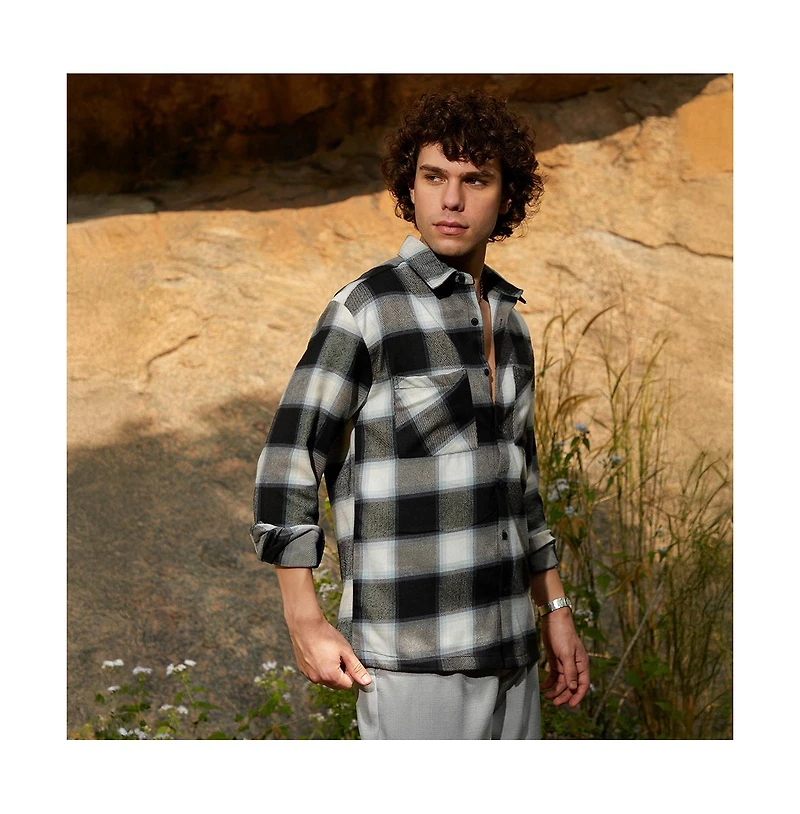 Campus Sutra Men's Onyx Black Tartan Utility Shacket