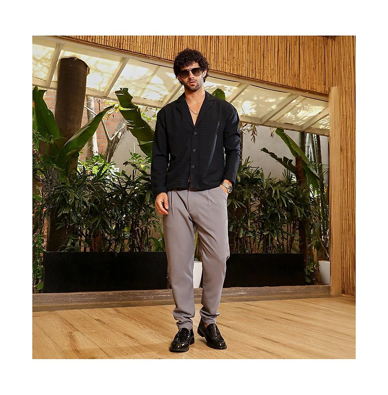 Campus Sutra Men's Onyx Black Striped Cuban Shirt